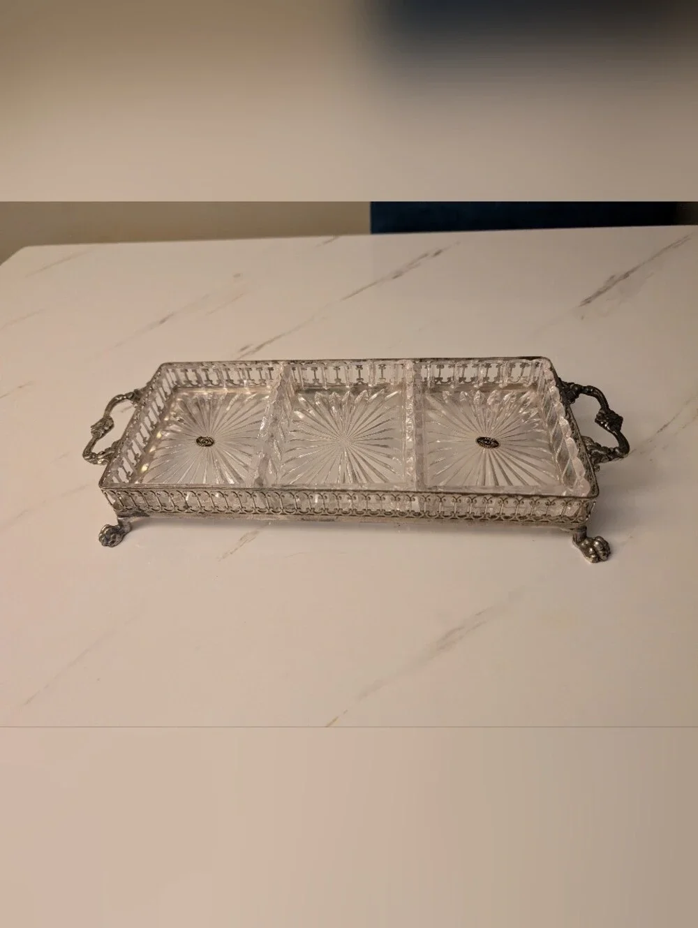Vintage 1969 Italian Lead Crystal Relish Set 3 Section Silver Plated Footed Tray